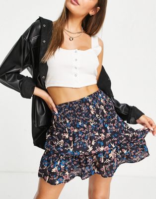 JDY jen smock woven loud floral print skirt in black with big floral print