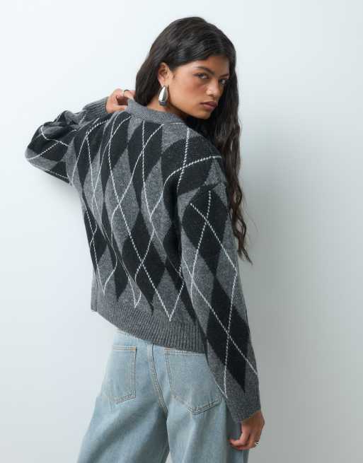 JDY jersey de cuello redondo de rombos en gris antracita, 5 de 5