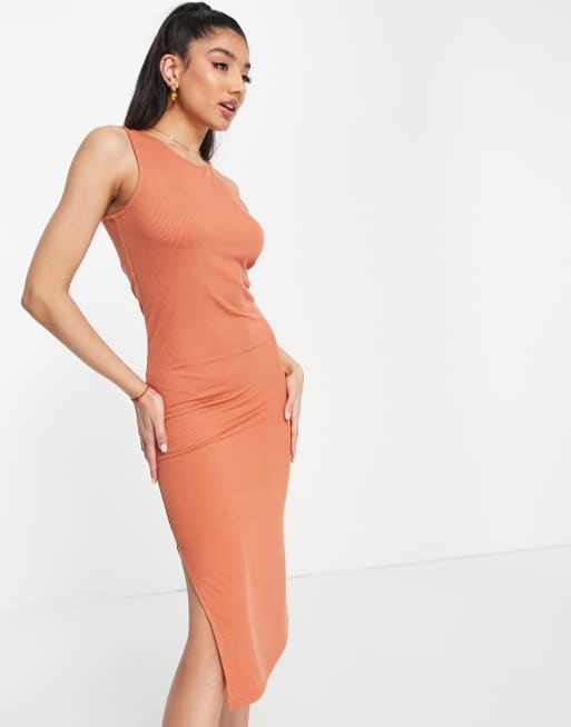 JDY jersey rib midi dress with side split in rust | ASOS