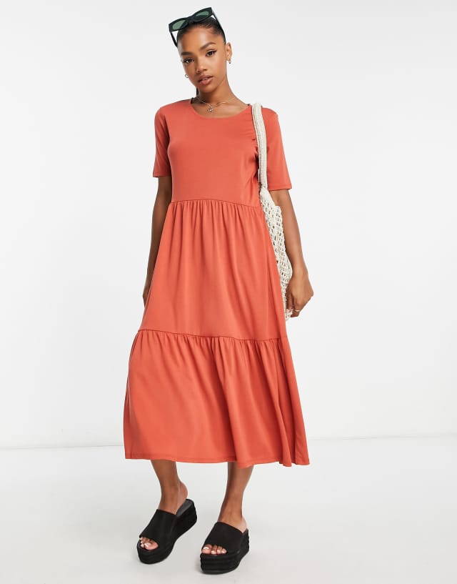 JDY jersey smock midi dress in rust