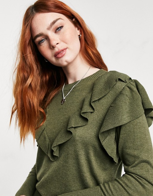 JDY jumper with ruffle detail in khaki