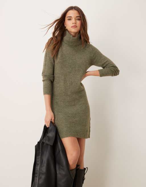 JDY – Kakifärgad, stickad klänning med polokrage och melerad effekt, 3 av 4