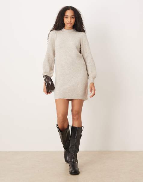 JDY puff sleeve knitted mini jumper dress in stone