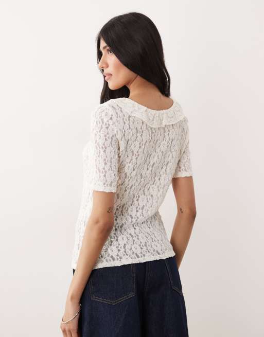 JDY - Kanten top met ruches in crème, 4 van 4