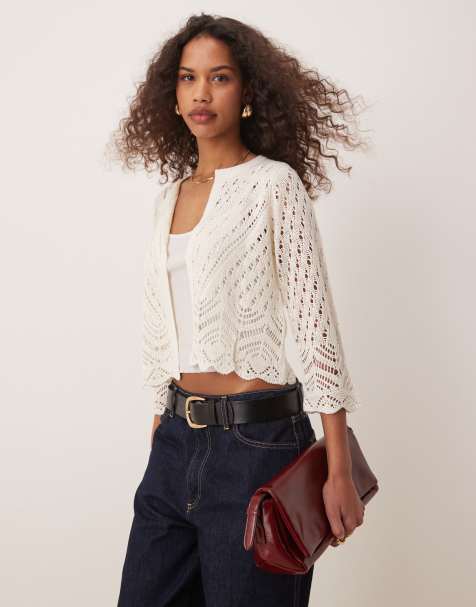 JDY 3/4 sleeve crop broderie cardigan in stone