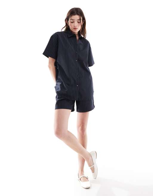 JDY – Kastige Oversize-Hemdbluse in Marineblau mit Nadelstreifen, Kombiteil , 3 von 4