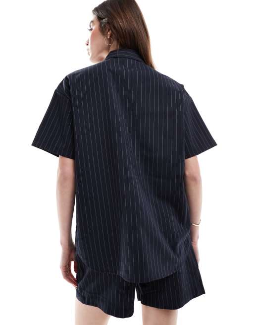 JDY – Kastige Oversize-Hemdbluse in Marineblau mit Nadelstreifen, Kombiteil , 4 von 4