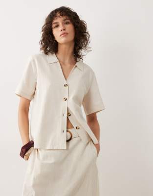 JDY - Kastiges Hemd in Hellbeige mit Leinenanteil, Kombiteil-Weiß