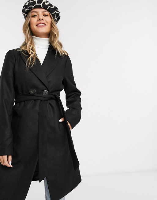 JDY Kiki belted double breasted coat in black