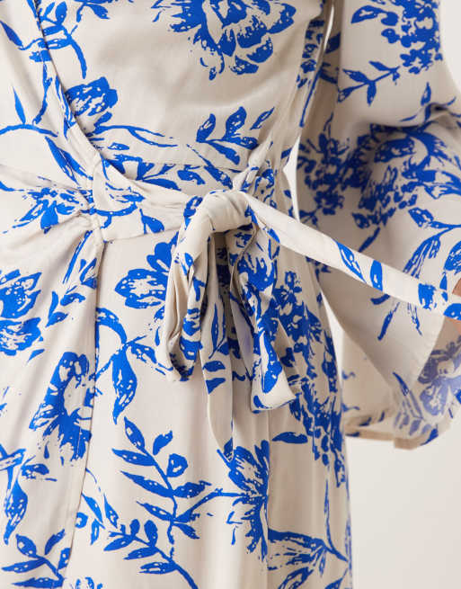 JDY kimono inspired wrap dress in beige with blue floral print, 2 of 4