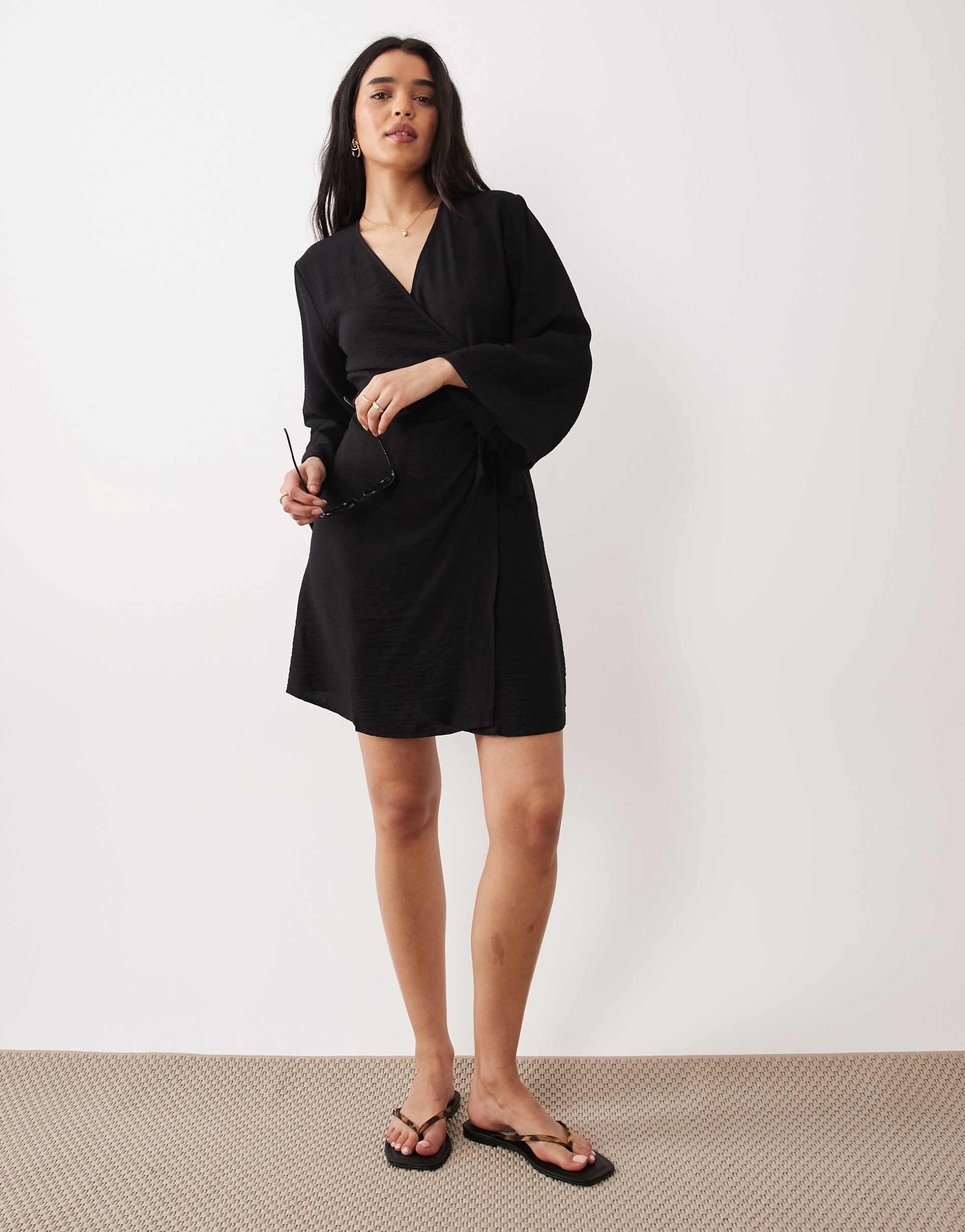 jdy kimono-inspired wrap mini dress in black