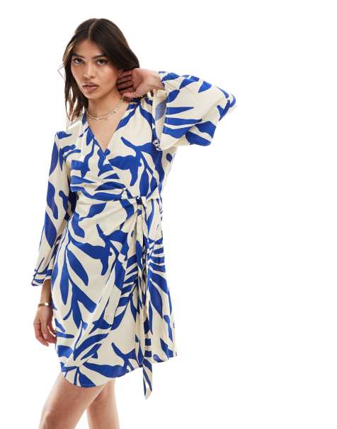 JDY - Kimono-jurk met overslag en blauw palmprint - view 1