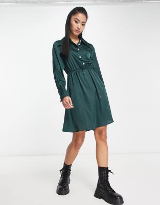 JDY klara satin shirt dress with diamante buttons in green