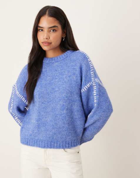 JDY knit sweater with stitch detail in blue - view 1