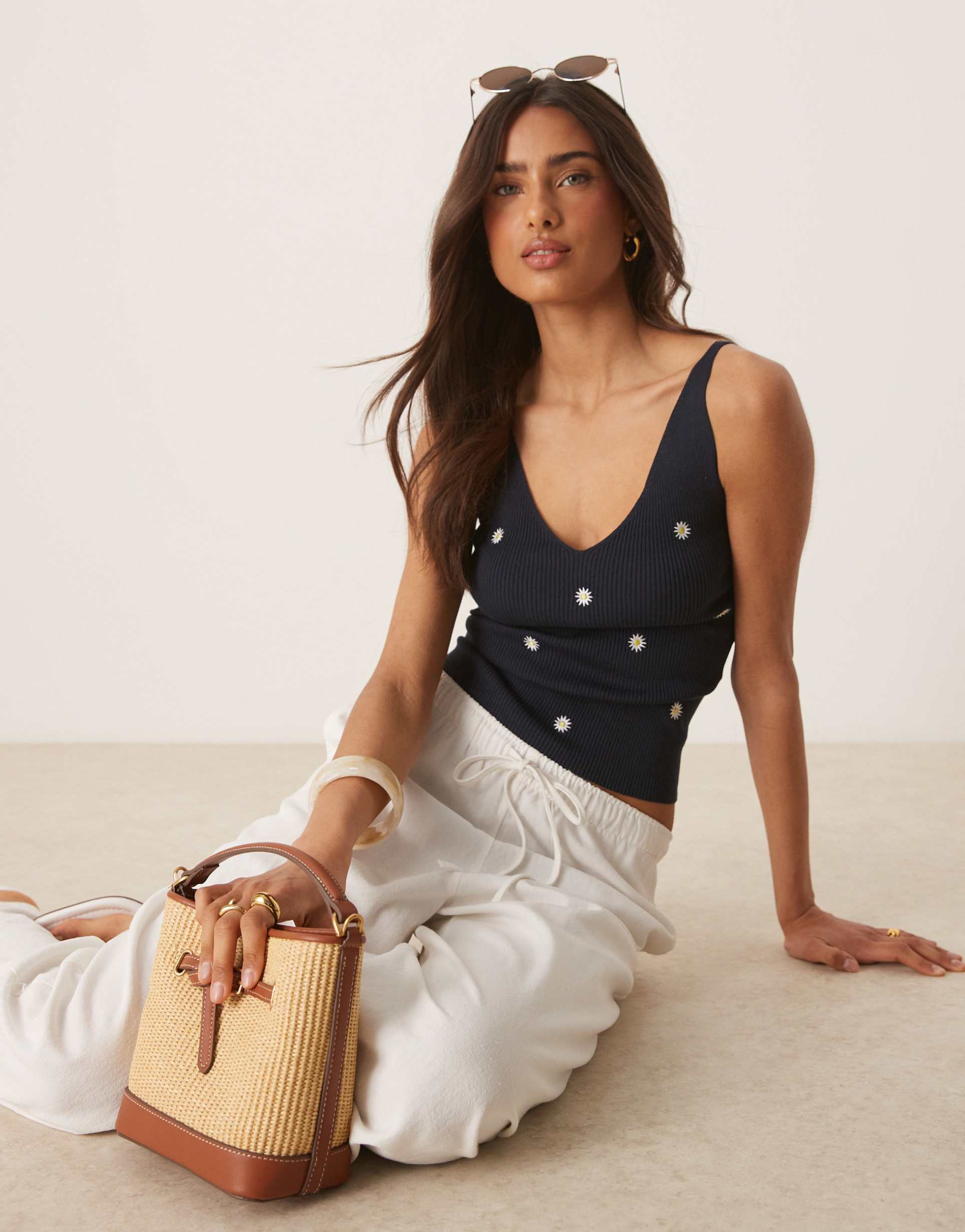 jdy knit tank top in navy with daisy embroidery