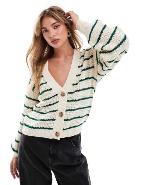 JDY knitted cardigan in cream with green stripe - view 1