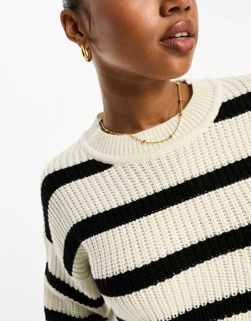 JDY knitted crew neck stripe jumper in black cream
