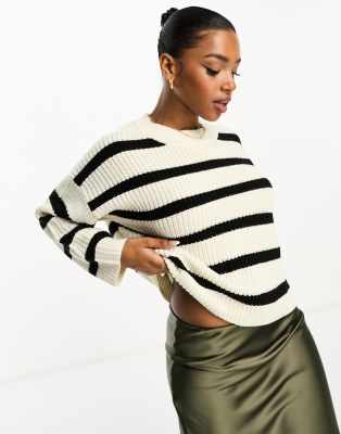 knitted crew neck stripe sweater in black & cream