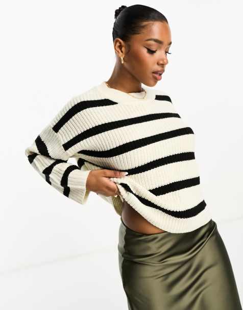 JDY knitted crew neck stripe sweater in black & cream - view 1