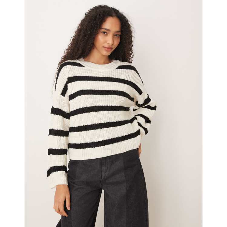 JDY knitted crew neck stripe sweater in black & cream | ASOS