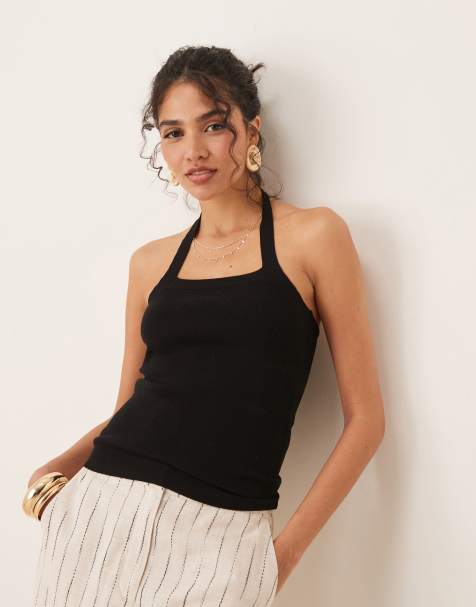 JDY knitted halter neck top in black - view 1