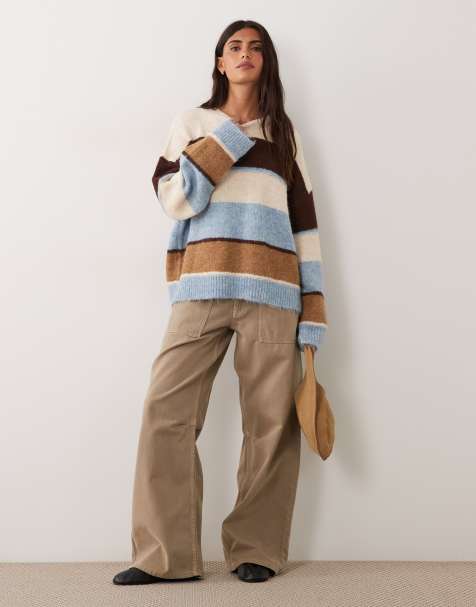 JDY knitted jumper in brown & blue stripes - view 1