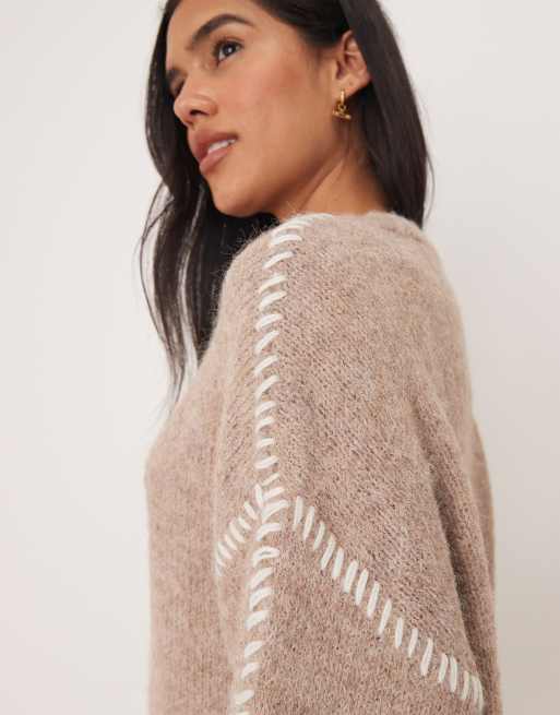 JDY knitted jumper with stitch detail in beige, 2 of 4