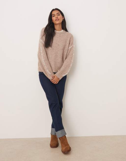 JDY knitted jumper with stitch detail in beige, 3 of 4