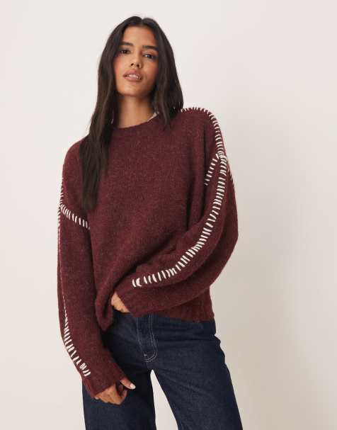 JDY knitted jumper with stitch detail in burgundy