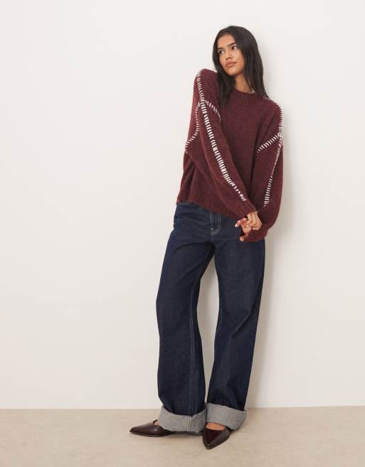 JDY knitted jumper with stitch detail in burgundy, 3 of 4