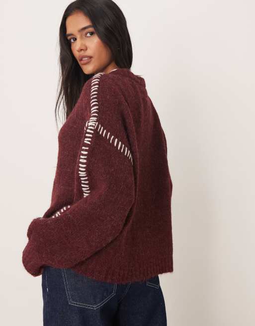 JDY knitted jumper with stitch detail in burgundy, 4 of 4