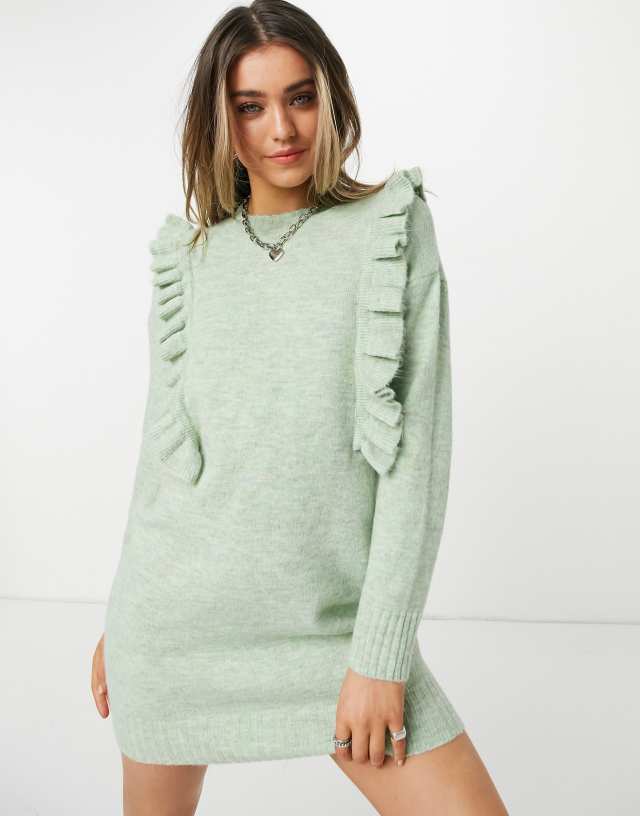 JDY knitted mini dress with ruffle detail in green