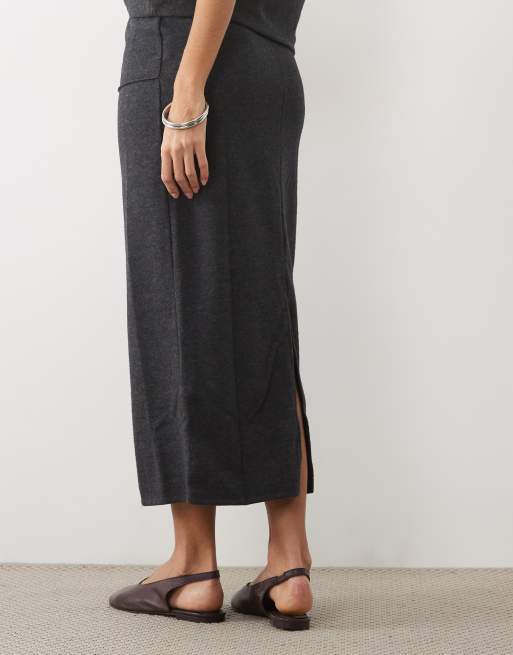 JDY knitted pencil midi skirt co-ord in dark grey, 3 of 5