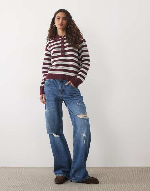 JDY knitted polo in burgundy stripes, 3 of 4
