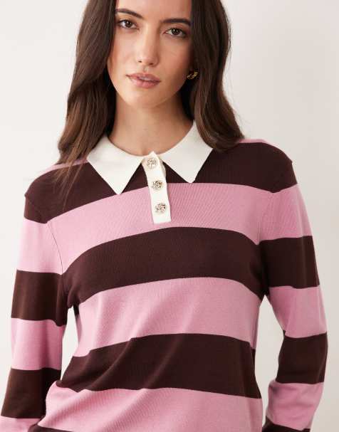 JDY knitted polo in dark brown stripes - view 1