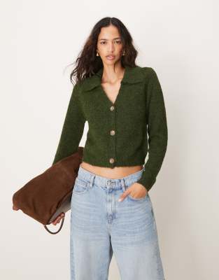 JDY knitted polo neck cardigan in dark green