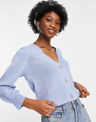 JDY knitted puff sleeve crystal button cardigan in pale blue - ASOS Price Checker