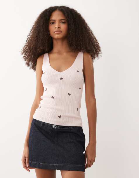 JDY knitted singlet in pink with butterfly embroidery - view 1