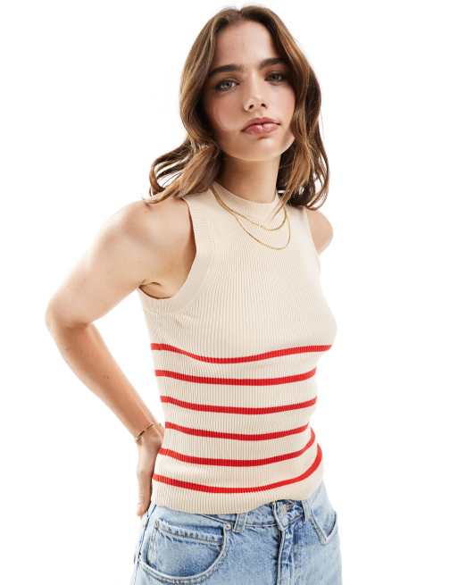 JDY knitted singlet in red & beige stripe