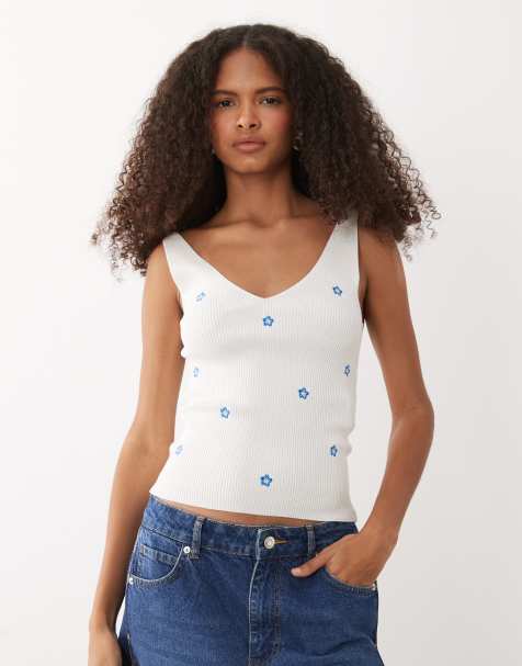 JDY knitted singlet in white with flower embroidery - view 1