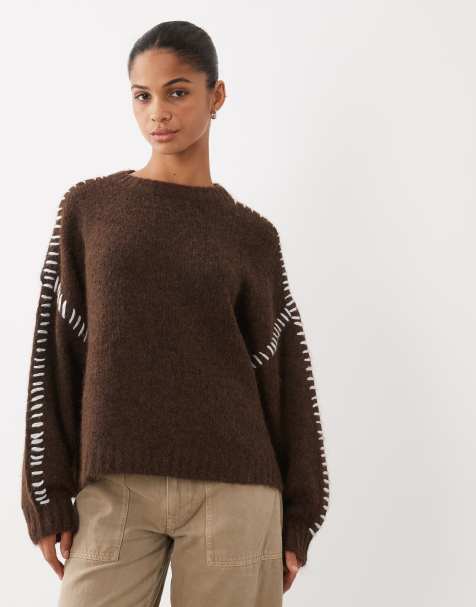 JDY knitted sweater with stitch detail in chocolate - view 1