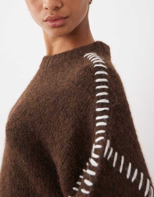 JDY knitted sweater with stitch detail in chocolate, 2 of 4