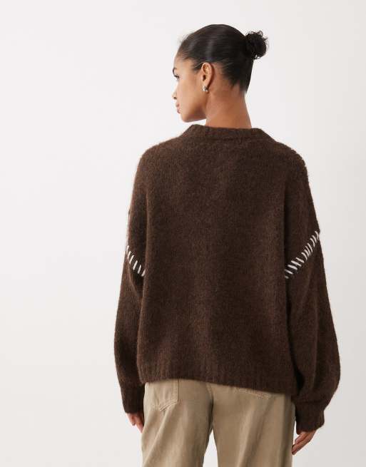 JDY knitted sweater with stitch detail in chocolate, 3 of 4