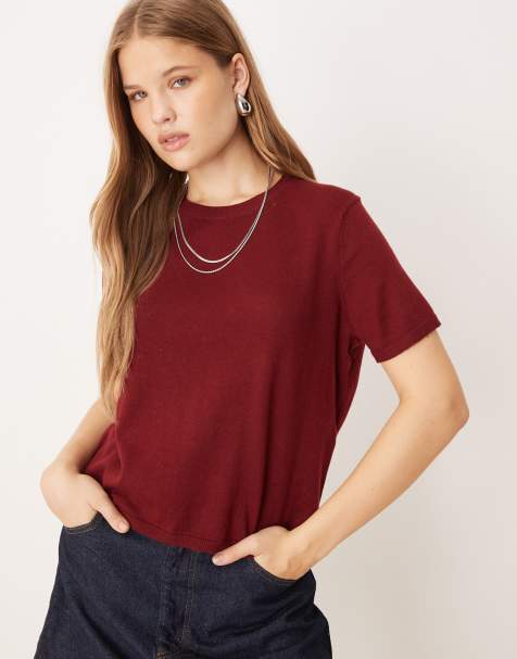 JDY knitted t-shirt in burgundy - view 1