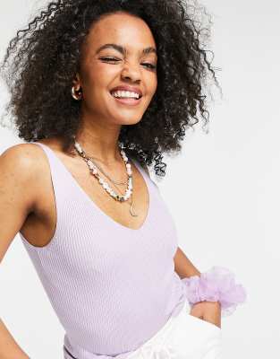 Jdy Ribbed V Neck Top In Lilac-purple In Purple