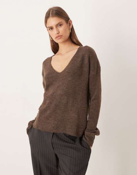 JDY knitted v neck sweater in brown melange - view 1