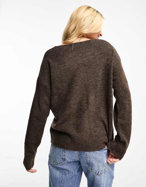 JDY knitted v neck jumper in brown melange