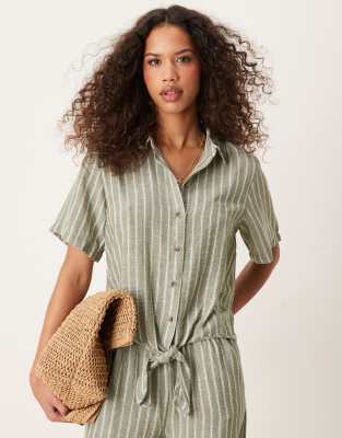 knot front shirt in sage stripe - part of a set-Green