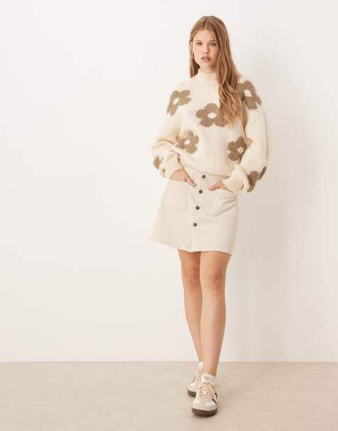 JDY cord button through mini skirt in cream