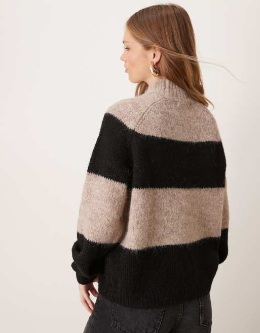 JDY – Kremowo-czarny teksturowany sweter z golfem w paski, 2 z 4